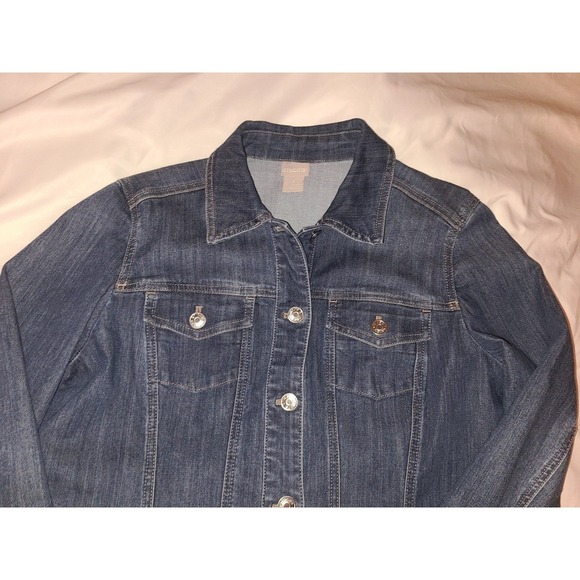 Chicos Long Denim Jacket Button Front Stretch Medium Women Size 1 - Picture 11 of 16
